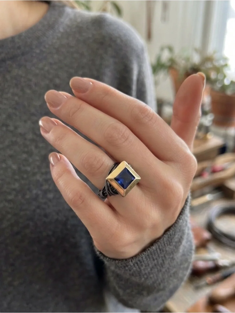 Artisan Gold-Tone Ring with Deep Blue Square Gem
